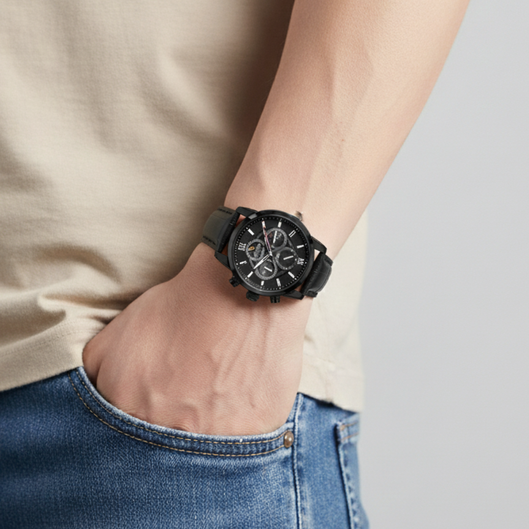 Mens Classic Watch | Black Leather Strap & Sport Design