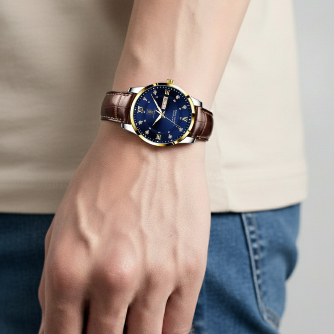 Mens Watch | Brown Leather Strap & Luminous Bezel