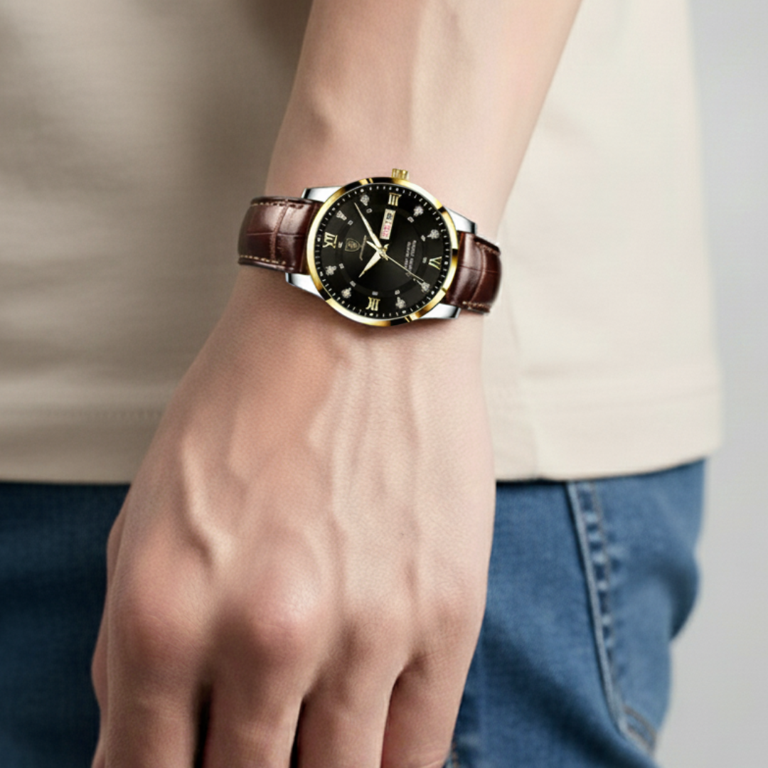 Mens Watch | Brown Leather Strap & Luminous Bezel