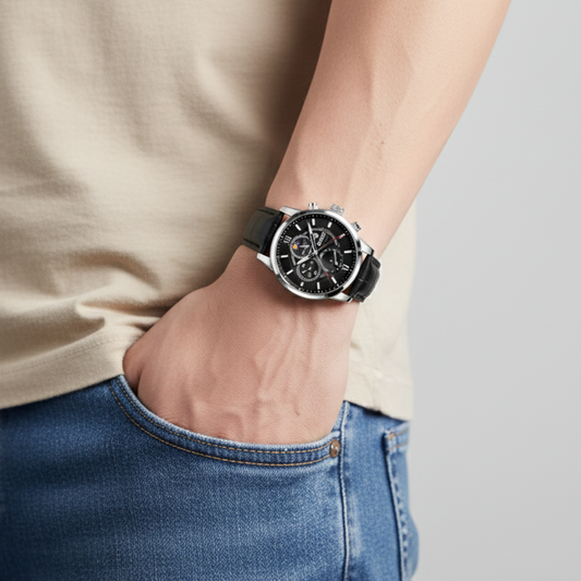 Mens Classic Watch | Black Leather Strap & Sport Design