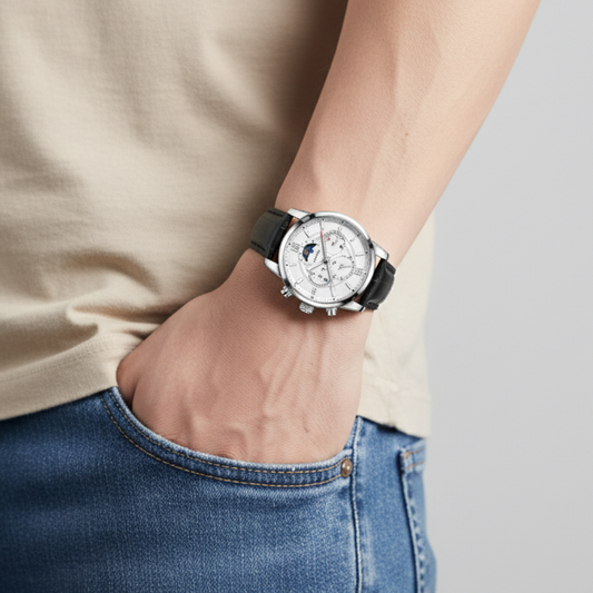 Mens Classic Watch | Black Leather Strap & Sport Design