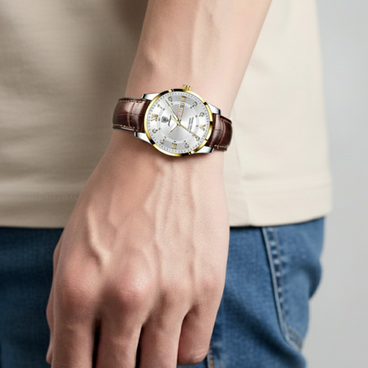 Mens Watch | Brown Leather Strap & Luminous Bezel