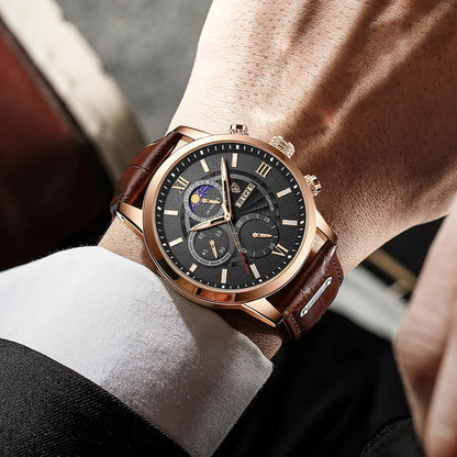 Mens Classic Watch | Black Leather Strap & Sport Design